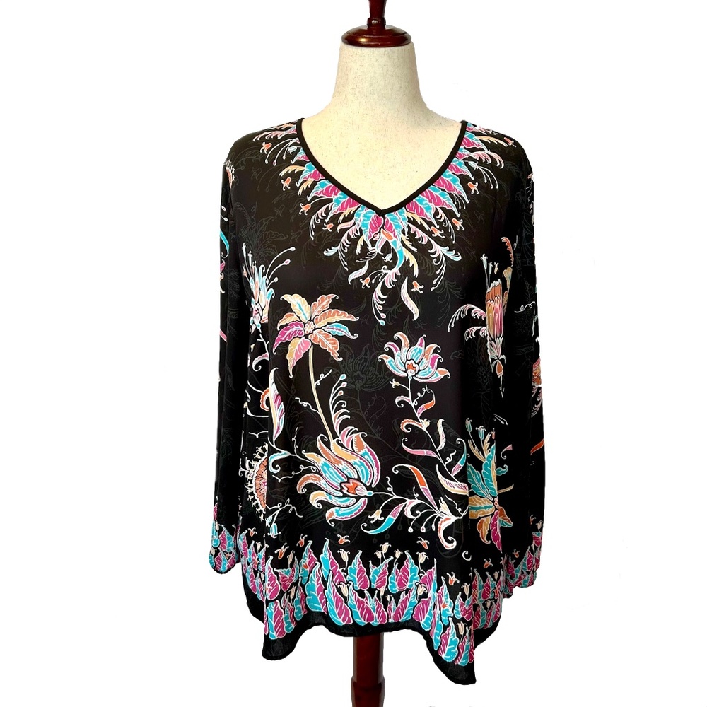 Bob Mackie V-Neck Black and Floral Wearable Art Blouse 2X EUC